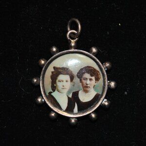 Antique Edwardian 1900s Colored Photo Pendant Depicting Two Women